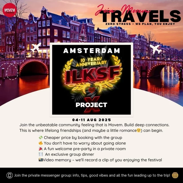 We’re planning two unforgettable group kizomba trips to 𝗔𝗺𝘀𝘁𝗲𝗿𝗱𝗮𝗺 with the Movem family — and it would be sooo much fun to have you with us! 💃🕺 

We’re already a lovely group of people who want to go.

This festival is big and exciting, with entertainment elements you never see at other festivals. The I Love Kizomba Sensual Festival is getting even crazier this year! 
📅 𝐴𝑢𝑔𝑢𝑠𝑡 𝟦–𝟣𝟣, 𝟤𝟢𝟤𝟧

Here’s just a glimpse of what awaits if you join us: 
💸 Lower price by booking with the group 
🔥 No stress about going alone 
🎉 A shared pre-party in a private room 
💛 The unbeatable community vibe that Movem stands for 
🥰 Build deep connections – this is where lifelong friendships (and maybe a little romance 😉) can begin 
🍽 Exclusive group dinner 
📸 Video memory – if you’d like, we’ll film a short clip of you enjoying the festival 
🧳 Zero stress – we plan, you enjoy 
💥 A chance to dance, grow, and discover together

We’re setting up a private Messenger group chat for everyone joining or considering joining. There we’ll share info, tips, excitement, and all the fun leading up to the trip! 🌍✨

Wanna join the group? Send us a DN with the word “Amsterdam”