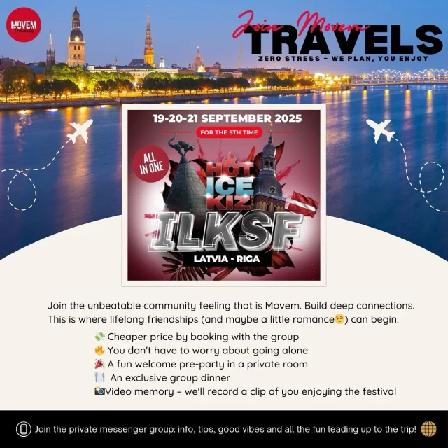 Do you live in a Nordic country? We’re planning an unforgettable group kizomba trip to RIGA with the Movem family — and it would be sooo much fun to have you with us! 💃🕺

We’re already a lovely group of people who want to go.

This festival is big and exciting, with entertainment elements you never see at other festivals. The I Love Kizomba Sensual Festival is getting even crazier this year!
📅 𝐴𝑢𝑔𝑢𝑠𝑡 𝟦–𝟣𝟣, 𝟤𝟢𝟤𝟧

Here’s just a glimpse of what awaits if you join us:
💸 Lower price by booking with the group
🔥 No stress about going alone
🎉 A shared pre-party in a private room
💛 The unbeatable community vibe that Movem stands for
🥰 Build deep connections – this is where lifelong friendships (and maybe a little romance 😉) can begin
🍽 Exclusive group dinner
📸 Video memory – if you’d like, we’ll film a short clip of you enjoying the festival
🧳 Zero stress – we plan, you enjoy
💥 A chance to dance, grow, and discover together

We’re setting up a private Messenger group chat for everyone joining or considering joining. There we’ll share info, tips, excitement, and all the fun leading up to the trip! 🌍✨

Wanna join the group? Send us a DM with the word “RIGA” and we will add you to the group